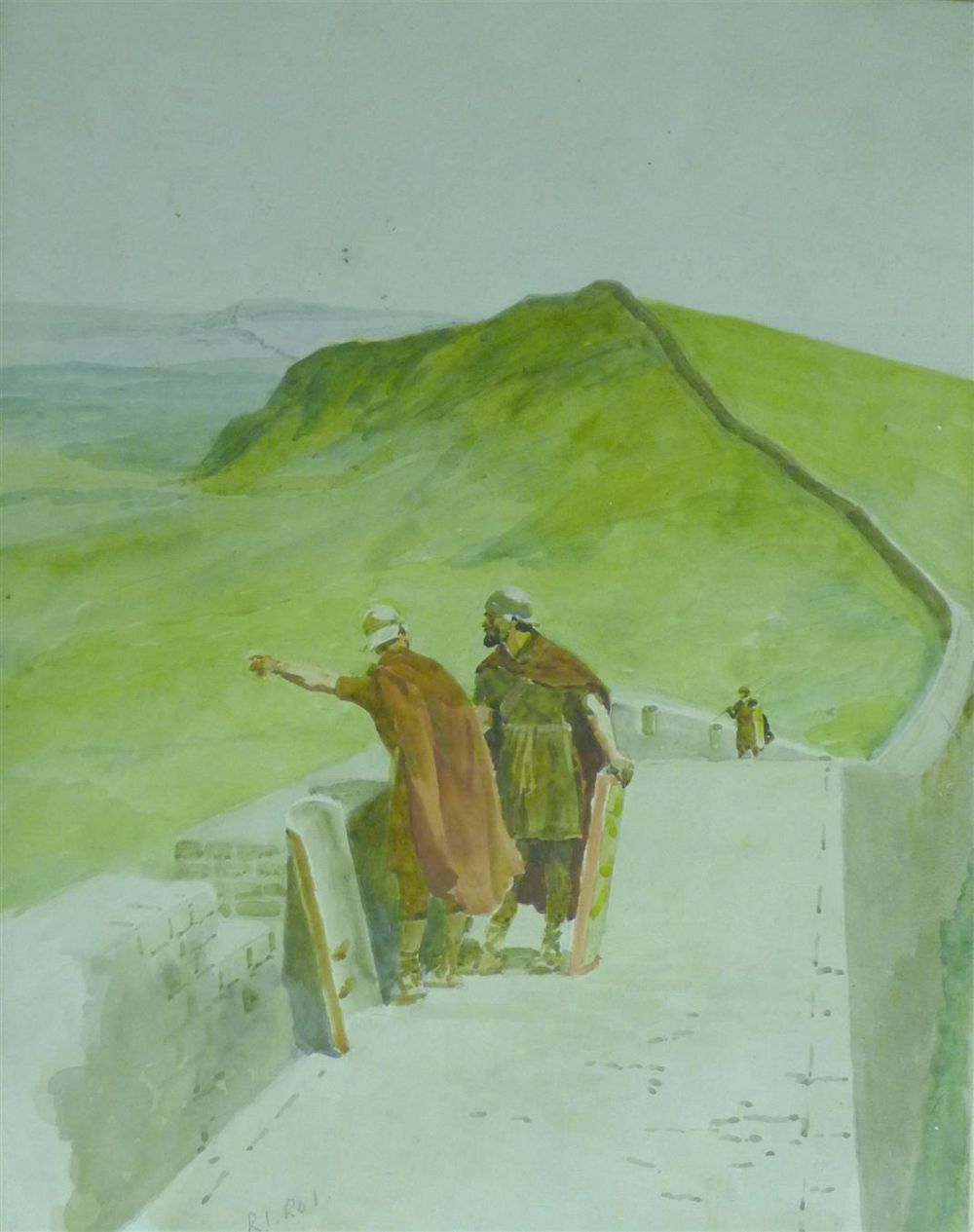 William Barnes Wollen (1854-1936), watercolour, Roman Soldiers on Hadrians Wall, signed, 36 x 27cm